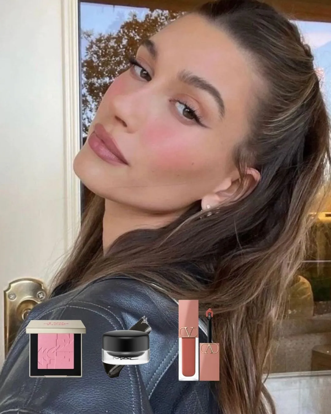헤일리 비버 핑크 메이크업 레더 자켓 룩 대표 이미지 (Hailey Bieber pink makeup leather jacket look thumbnail)