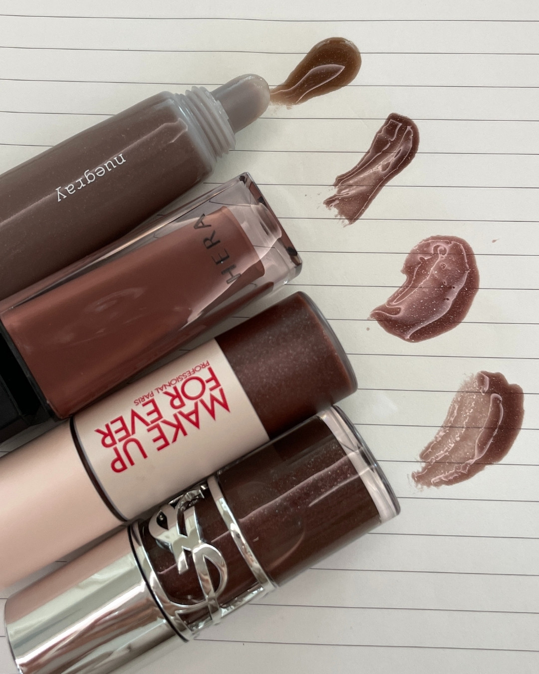 누그레이 헤라 입생로랑 메이크업포에버 브라운 립 4종 전컬러 실제 컬러 (Nuegray Hera YSL MUFE all shades actual color)