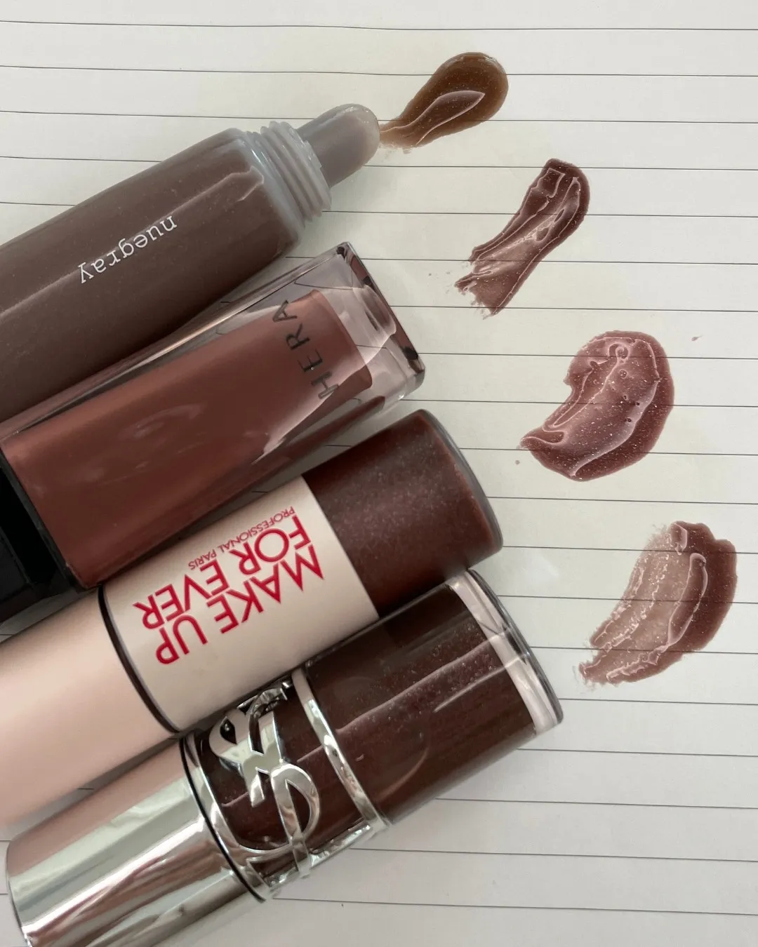 누그레이 헤라 입생로랑 메이크업포에버 브라운 립 4종 전컬러 실제 컬러 (Nuegray Hera YSL MUFE all shades actual color)