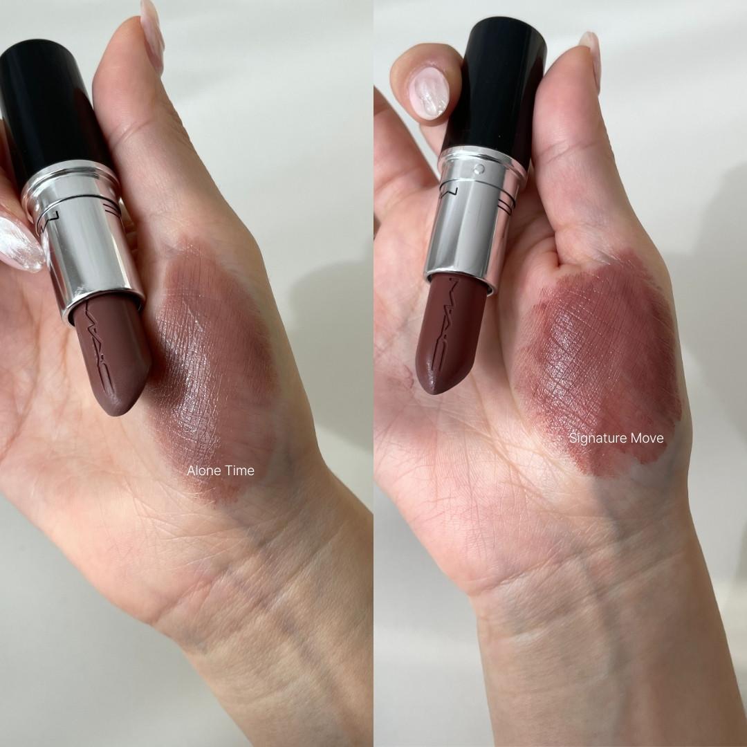 맥 러스터글래스 립스틱 얼론 타임 시그니처 무브 전색상 손등 발색 (MAC Lustreglass Lipstick Alone Time Signature Move all shades back of hand swatch)