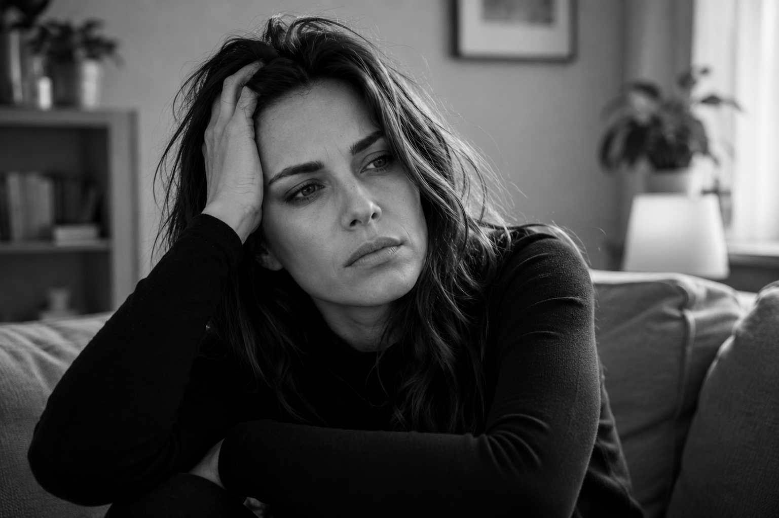 Pensive woman sitting on a couch with her head resting on her hand in a living room.