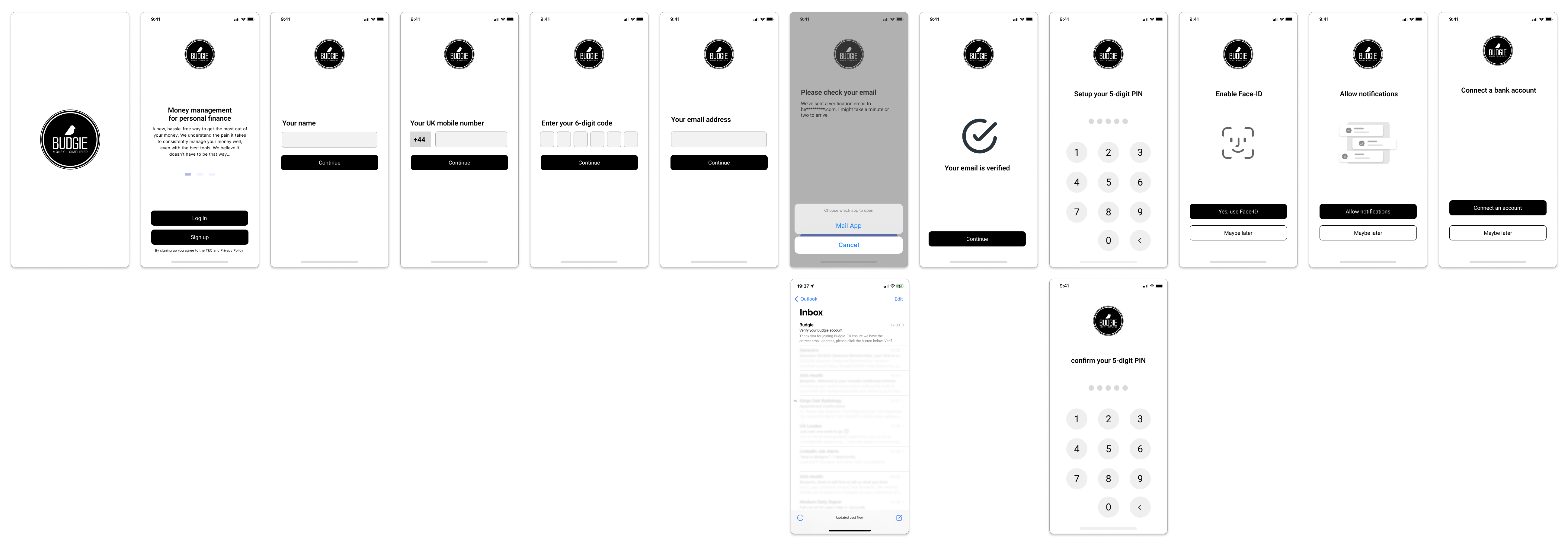 budgie, low fidelity prototype screens