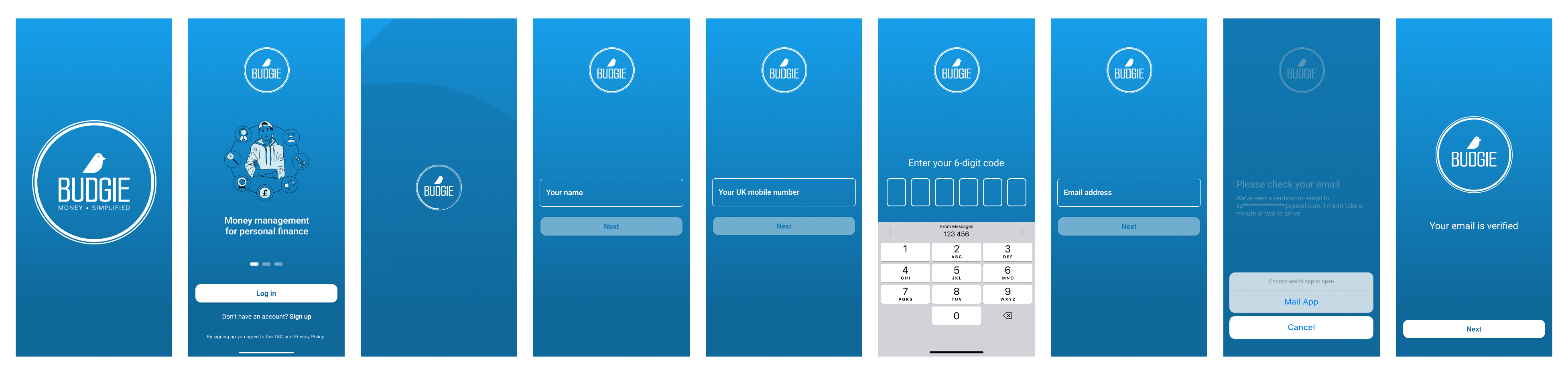 budgie, High fidelity prototype screens