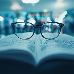 A pair of glasses placed on an open book with blurred background, emphasizing reading and knowledge.