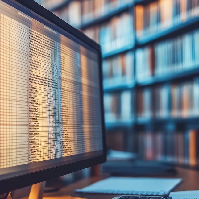 Close-up of a computer monitor showing a spreadsheet in a library setting
