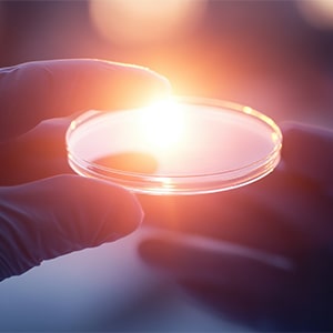 Close-up of a gloved hand holding a Petri dish with a glowing surface in a laboratory setting