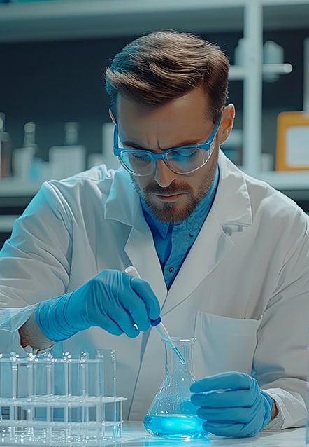 Male scientist wearing goggles and gloves, mixing liquid in a laboratory setup.