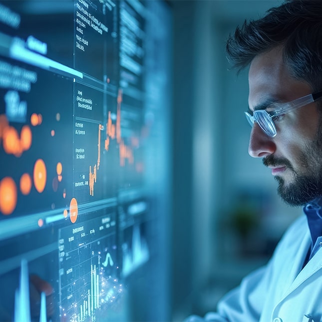 A male scientist in a lab coat examining digital data and graphs displayed on a screen.