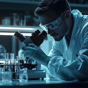 Researcher in a lab coat using a microscope, surrounded by glass test tubes and scientific equipment