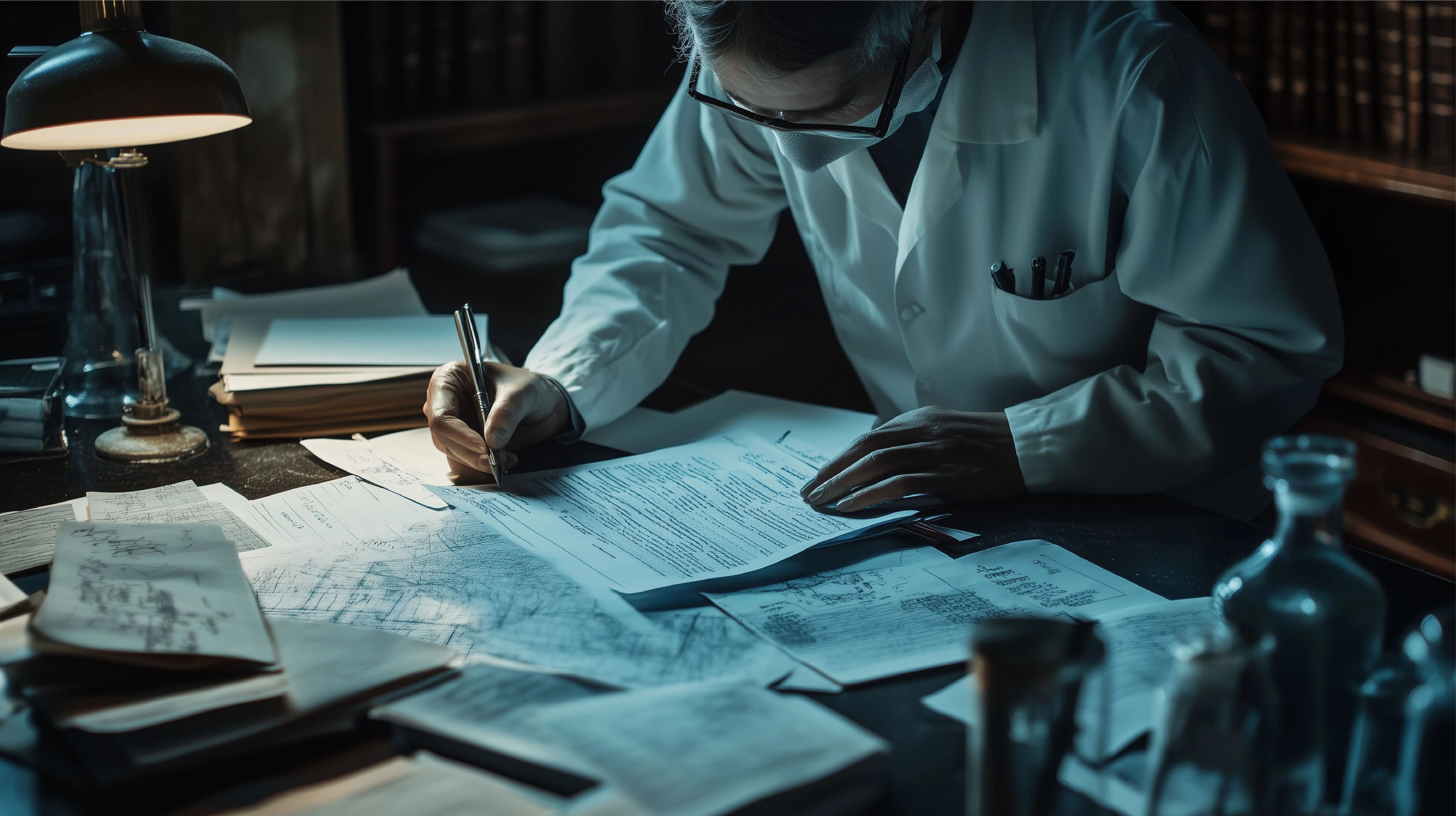 Research tasks being performed by a scientist at a desk filled with documents and laboratory equipment