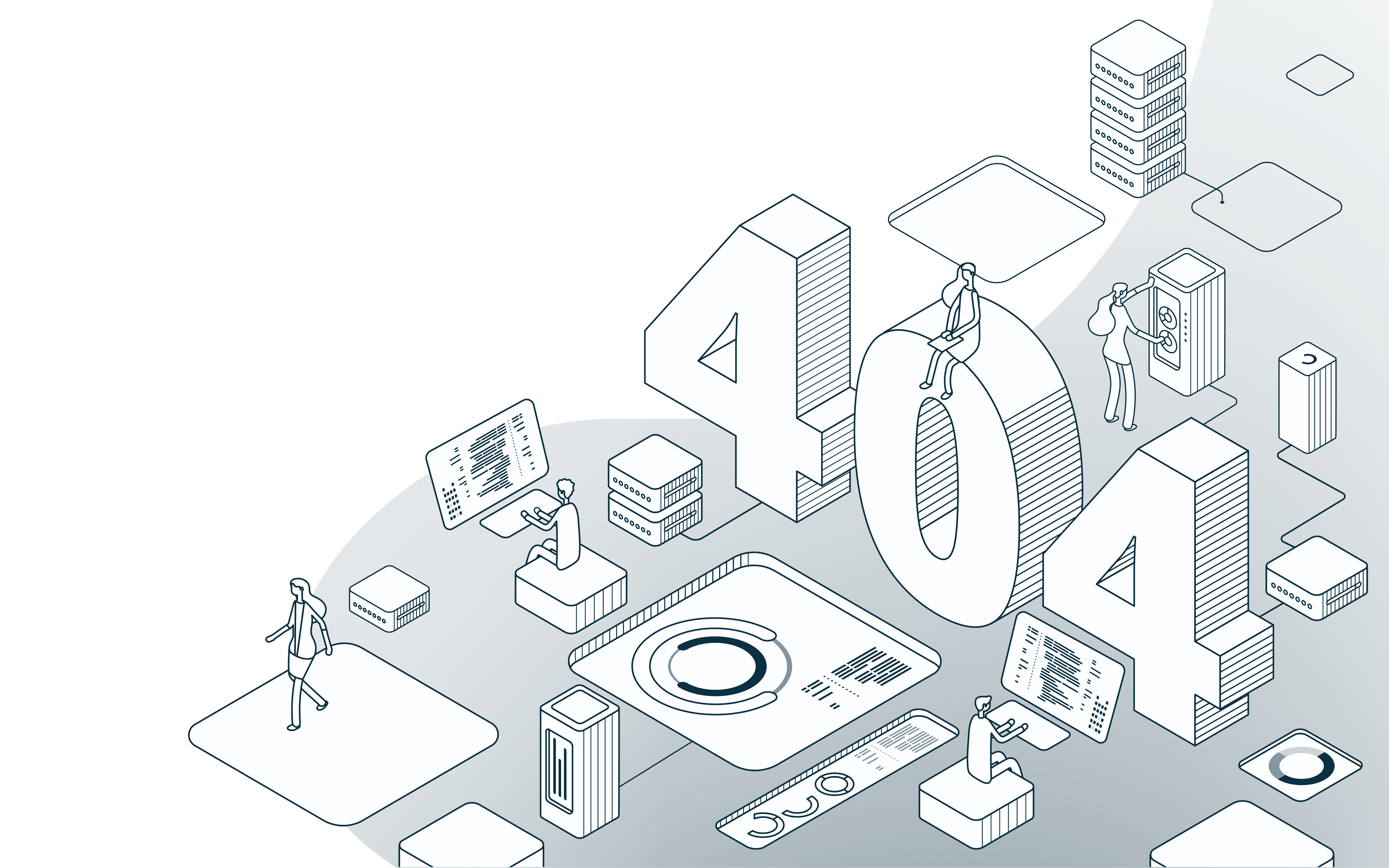 Illustration depicting a 404 error page with characters interacting with technology and data elements.