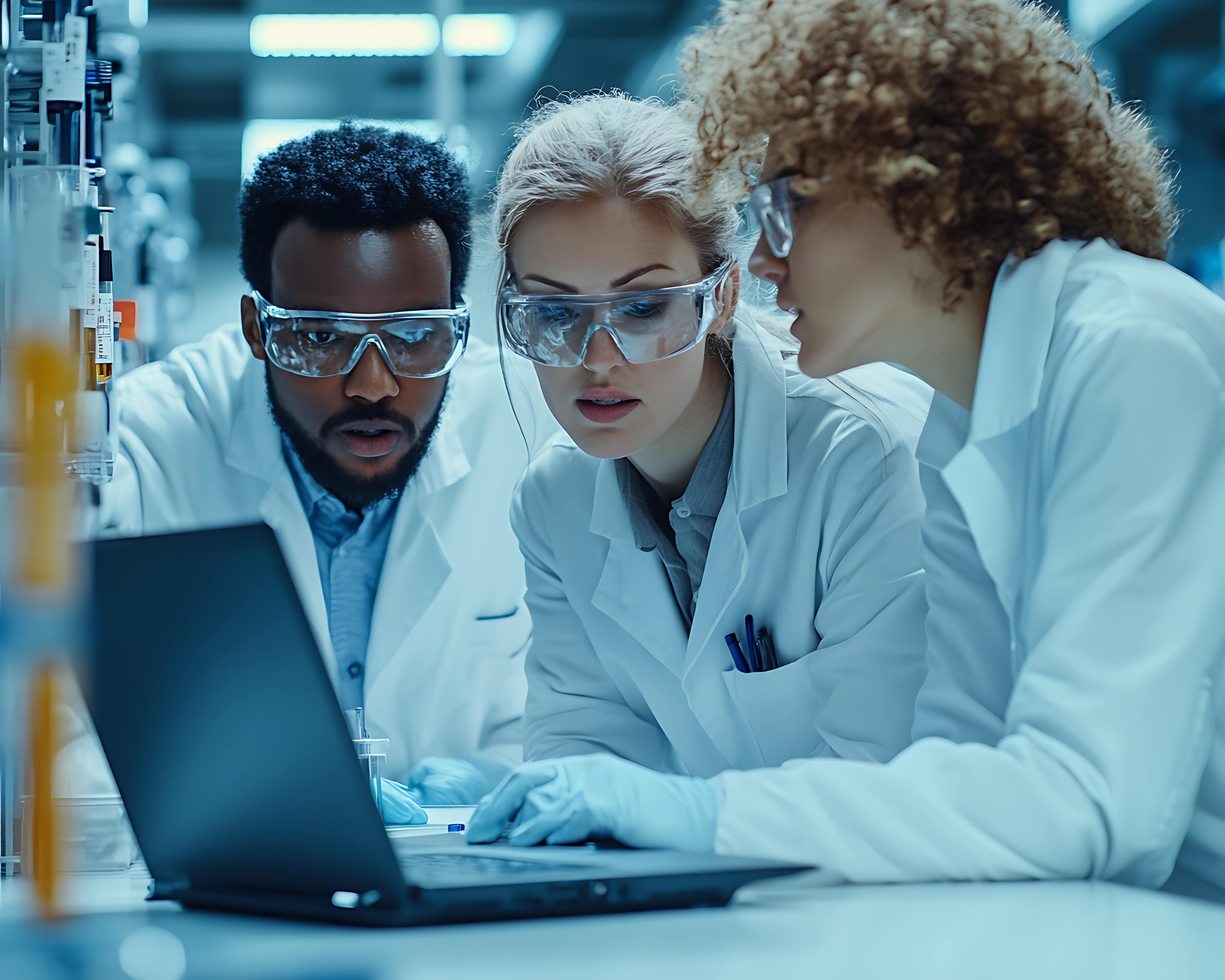 Group of scientists in lab coats analyzing data on a laptop in a laboratory