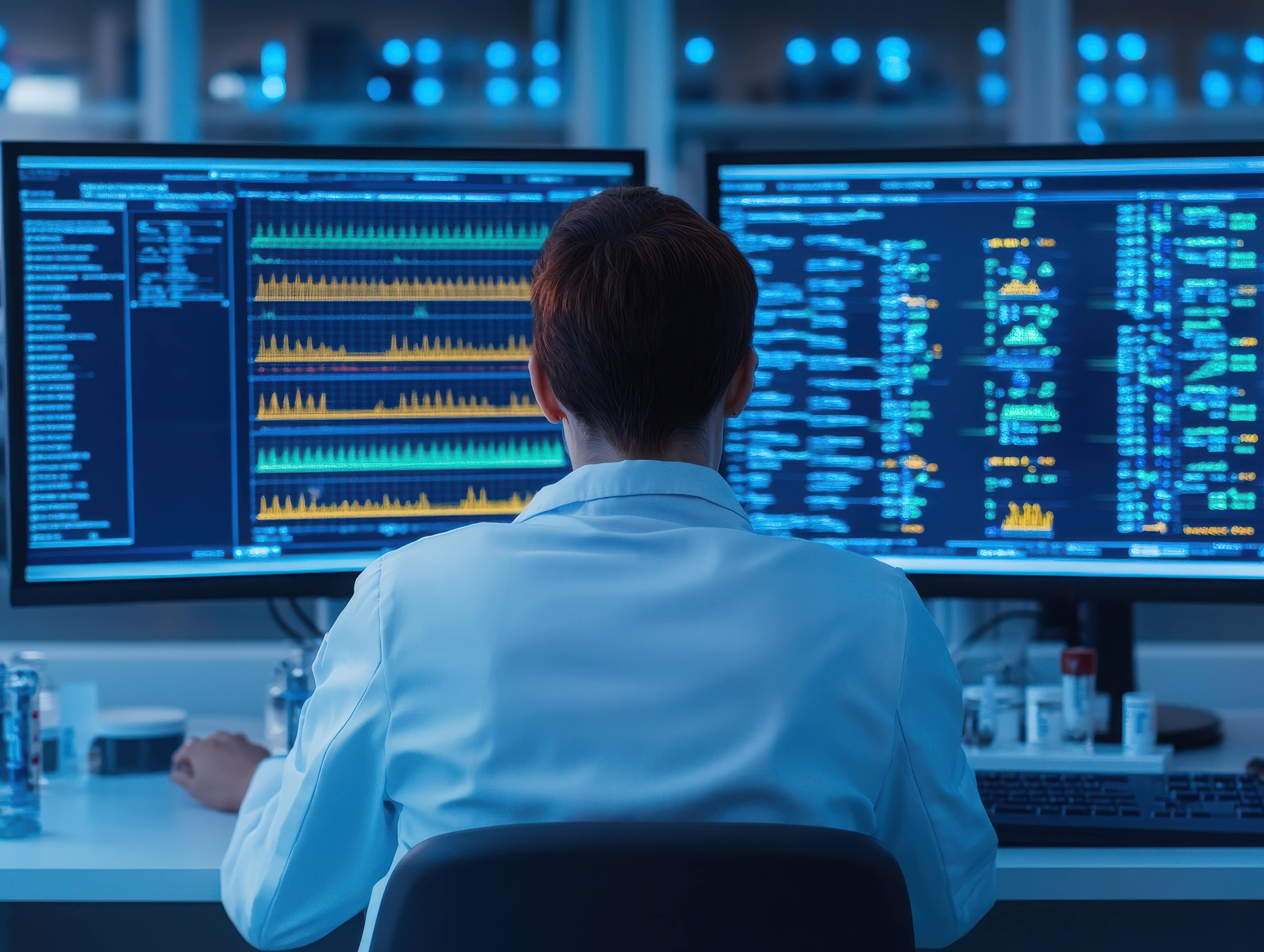 A scientist analyzing complex data on multiple monitors in a laboratory setting.