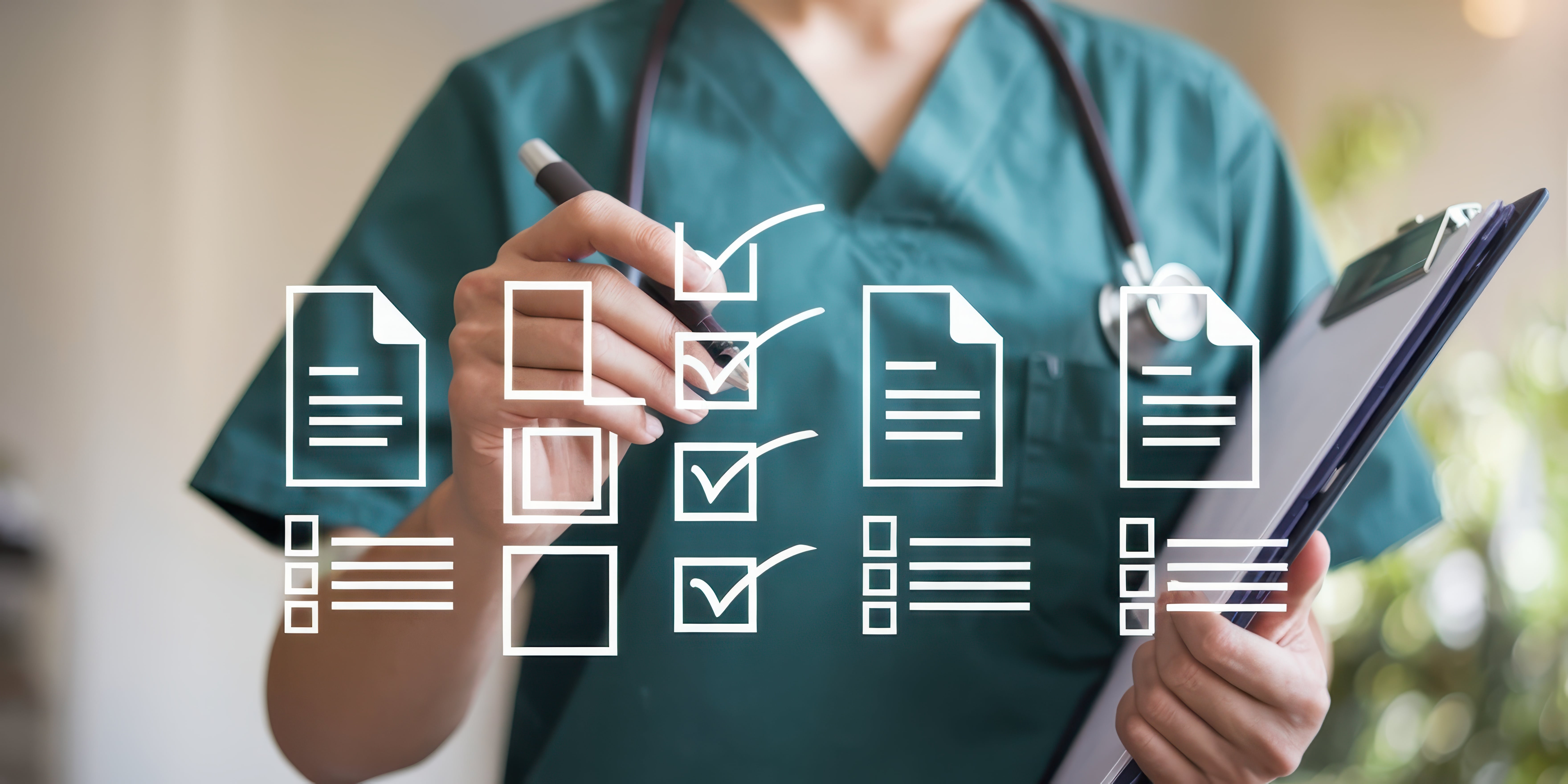 A healthcare worker in scrubs holding a clipboard and pen, with checklists and documents overlayed.