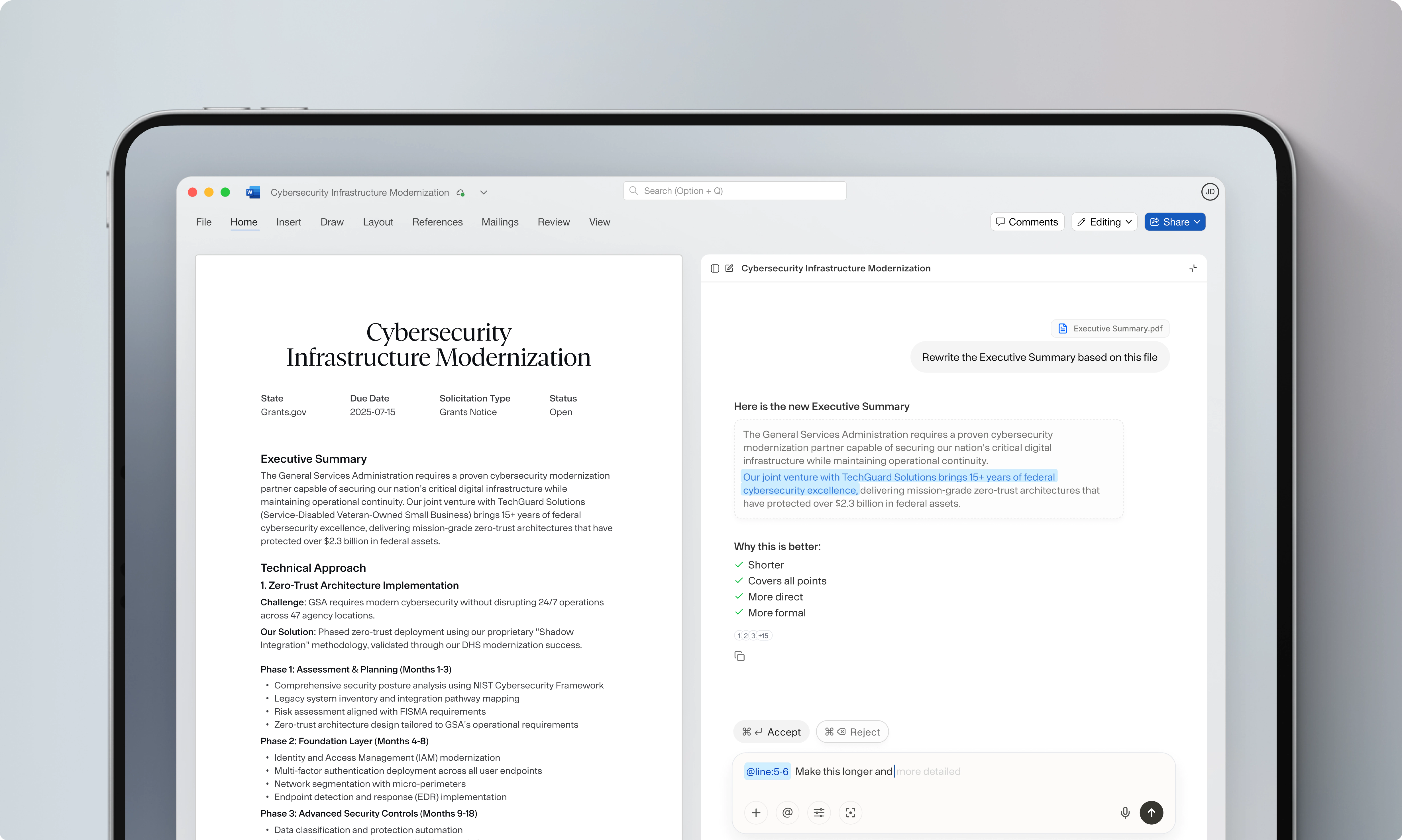 Split-screen view of a proposal editor: on the left, a Word document titled “Federal Agency Cybersecurity Infrastructure Modernization” with sections for Executive Summary and Technical Approach; on the right, an AI assistant pane showing a prompt to “Rewrite the Executive Summary based on this file,” the revised summary text with highlights, “Why this is better” bullet points, and Accept/Reject buttons beneath.