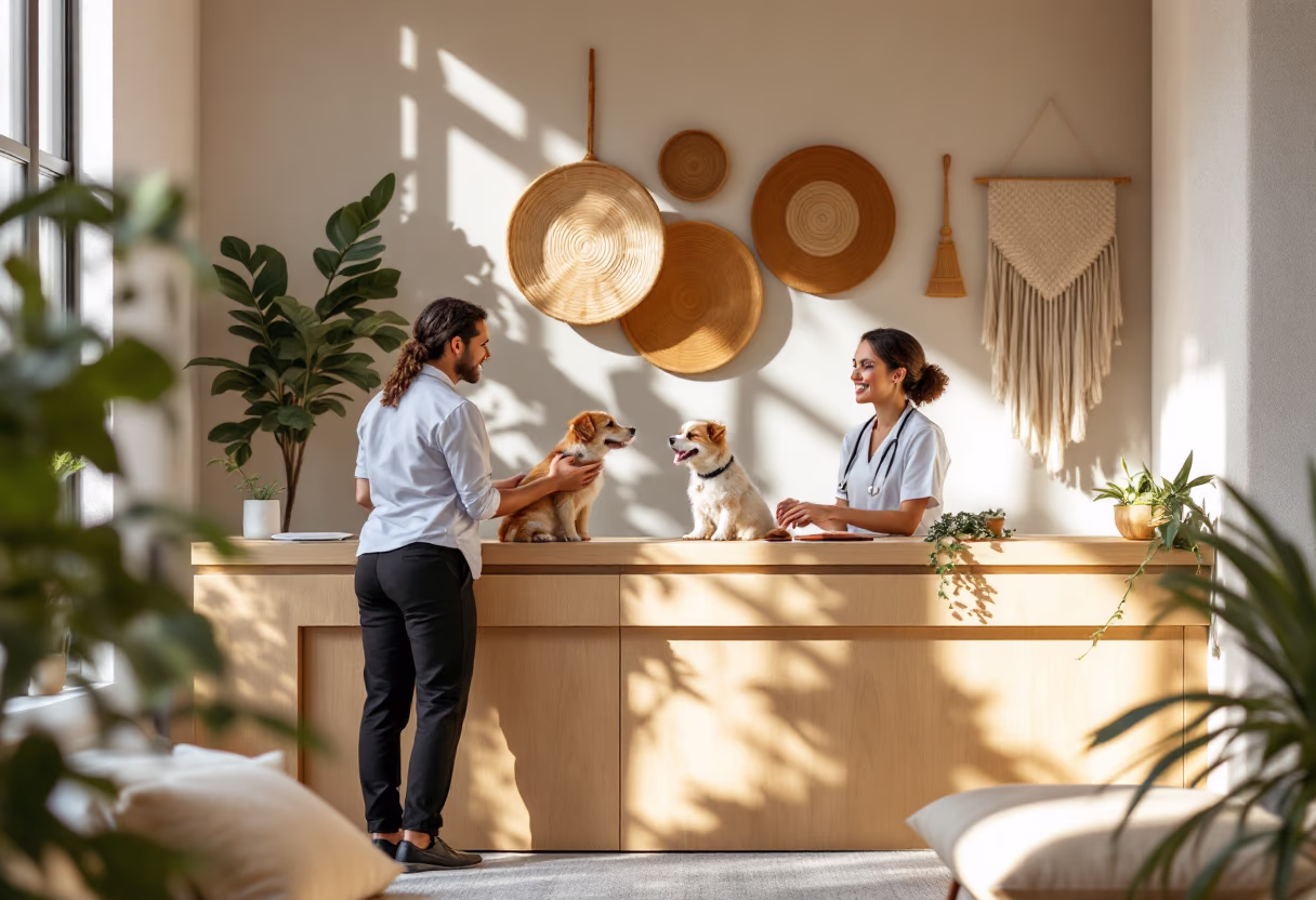 image of friendly interaction at the reception desk (for a veterinary clinic)