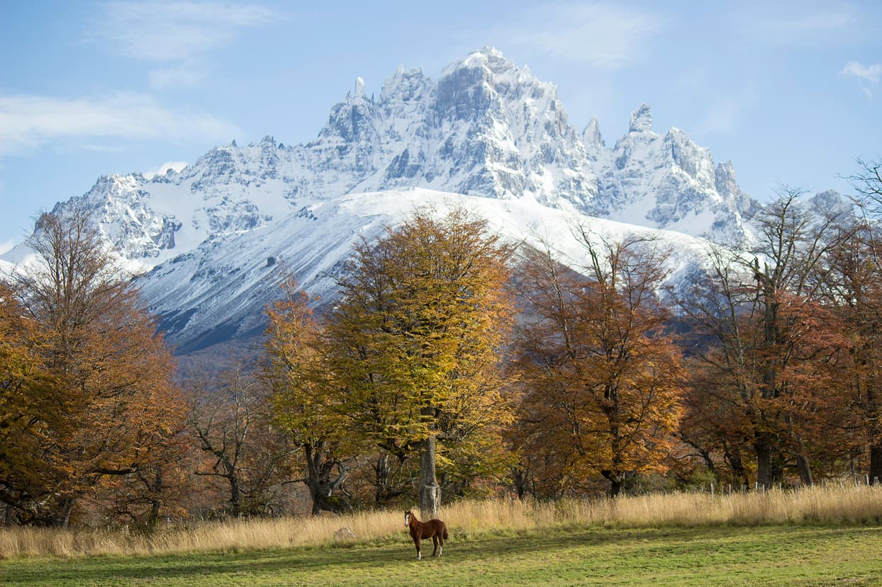 View of Cerro Castillo peaks from a mountain lodge in Chilean Patagonia