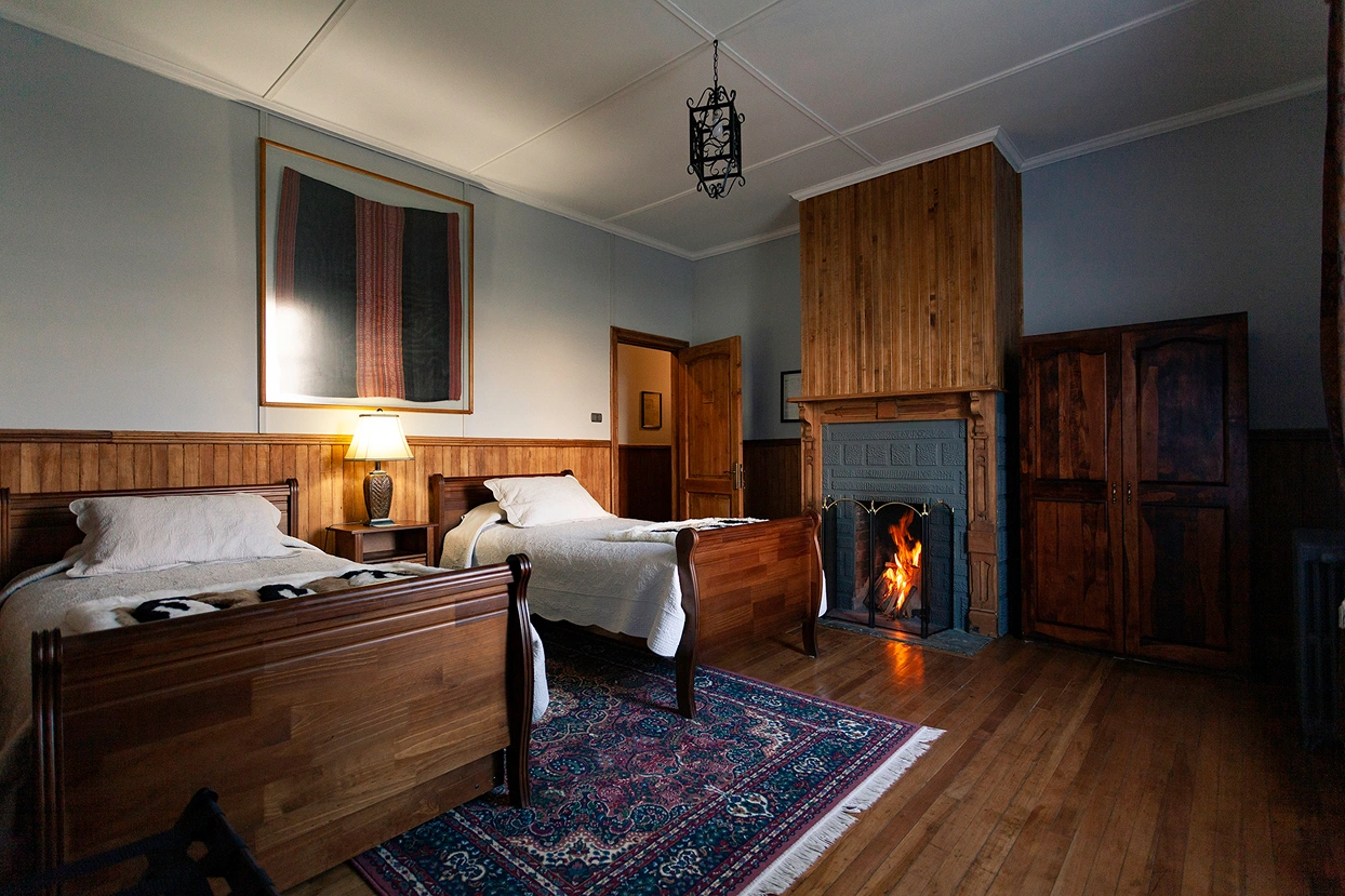 Panoramic view of Tierra del Fuego estancia at sunset, private stay in Chile's far south