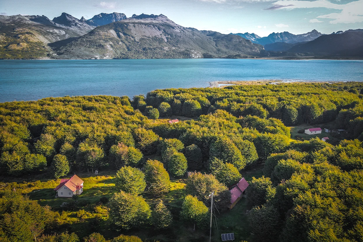Aerial view of Tierra del Fuego estancia and vast Patagonian landscape, exclusive private stay Chile