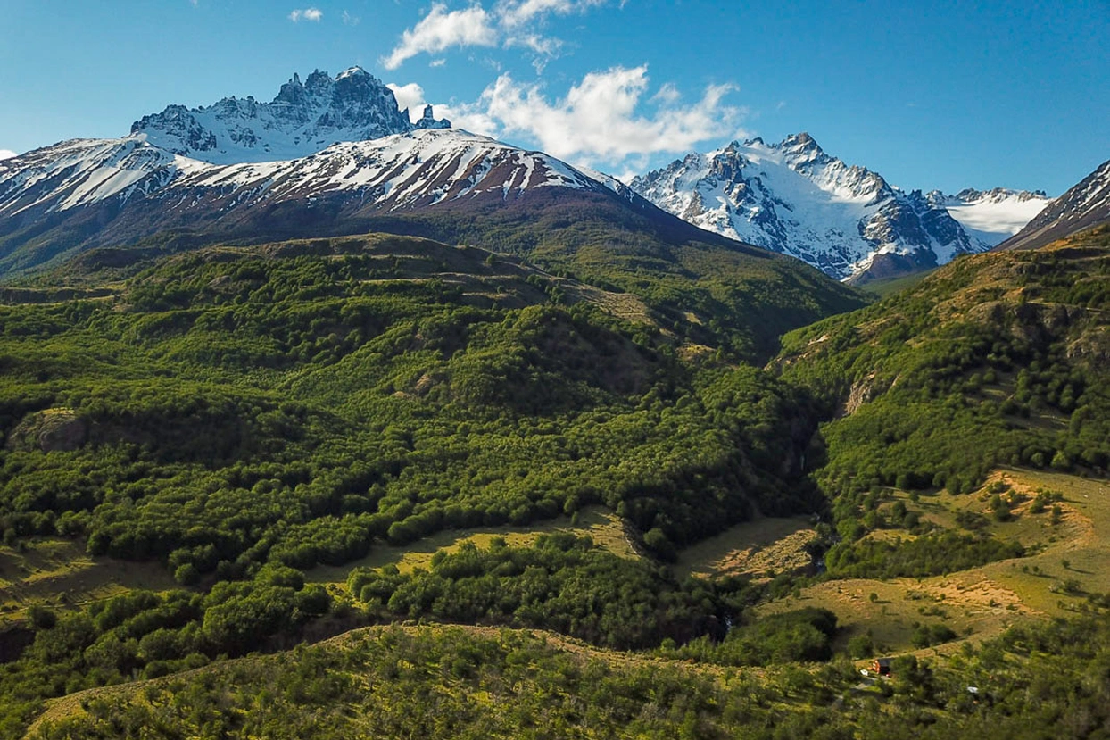 The snow-capped peaks of Cerro Castillo rising above native forest