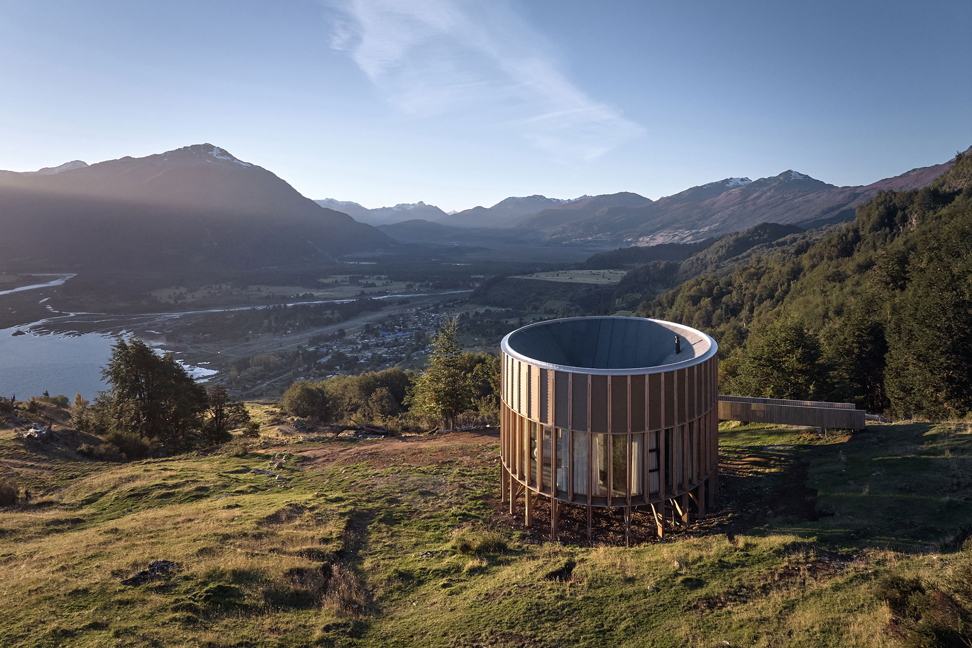 Panoramic view of Bahia Murta House and Lago General Carrera with mountains at sunset, Carretera Austral Patagonia