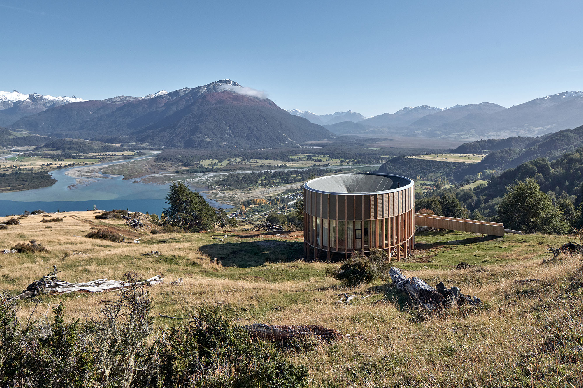 Bahia Murta House exterior with Lenga wood facade and mountain views along the Carretera Austral