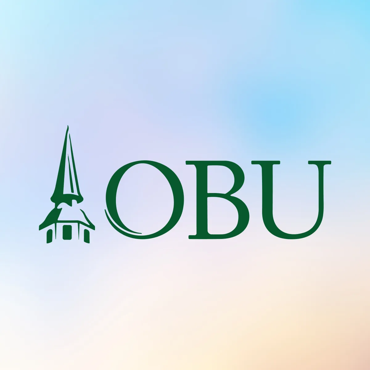 Oklahoma Baptist University logo is centered on a soft pastel gradient background transitioning from blue at the top to peach at the bottom.