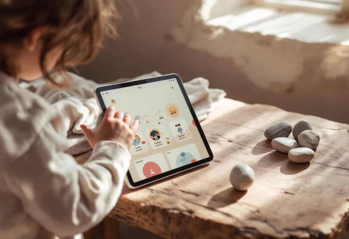 [interface] image of a child's hand interacting with an educational app on a tablet