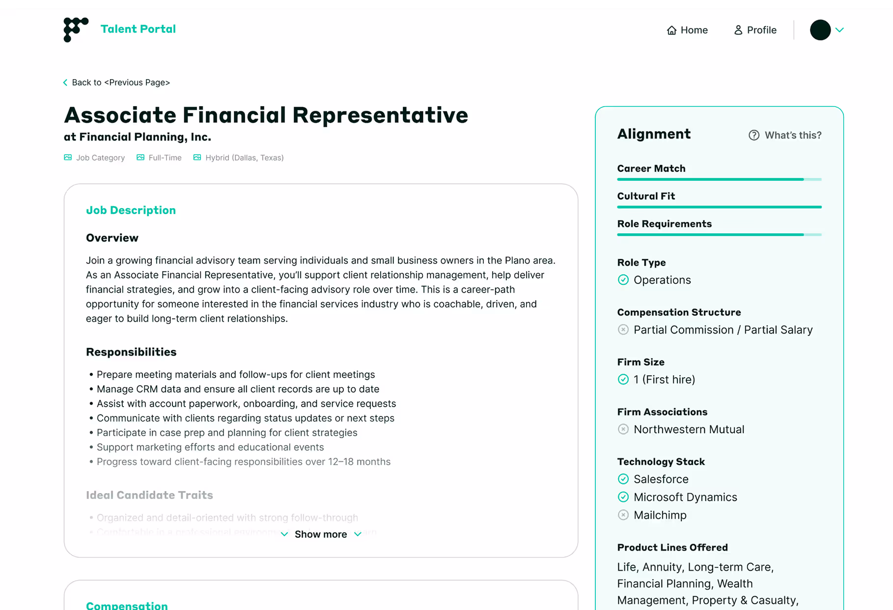 A screenshot of a job description that shows how the role aligns to the candidates experience and objectives