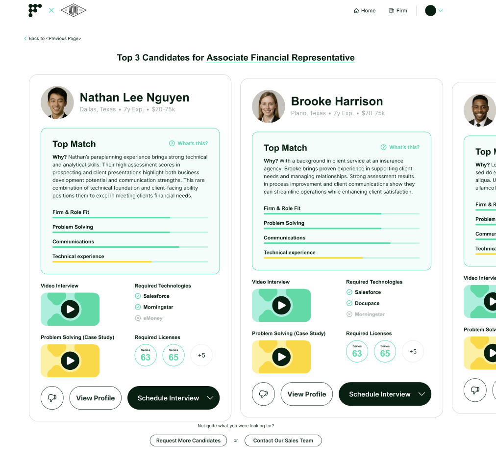 Screenshot showing 3 recommended candidates that highlights their fit against the role requirements