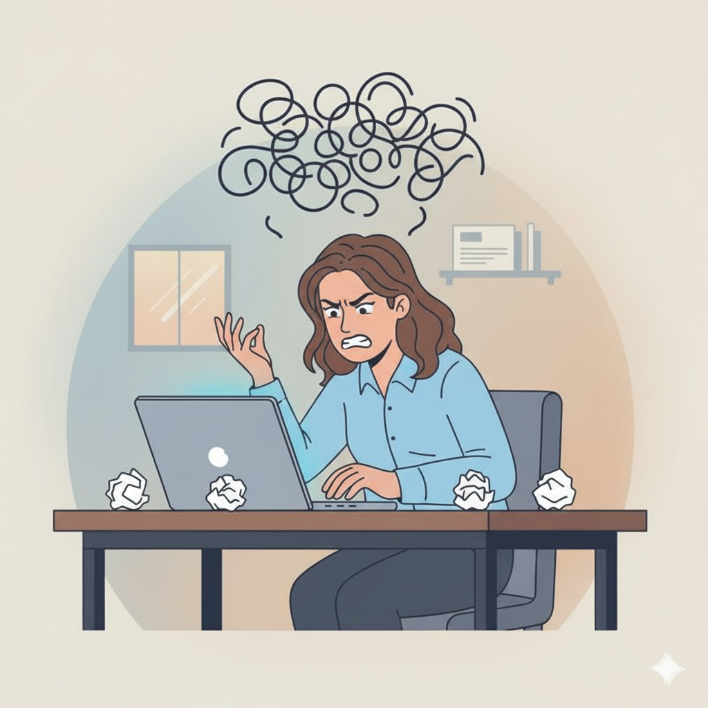 A woman concerned reading an email