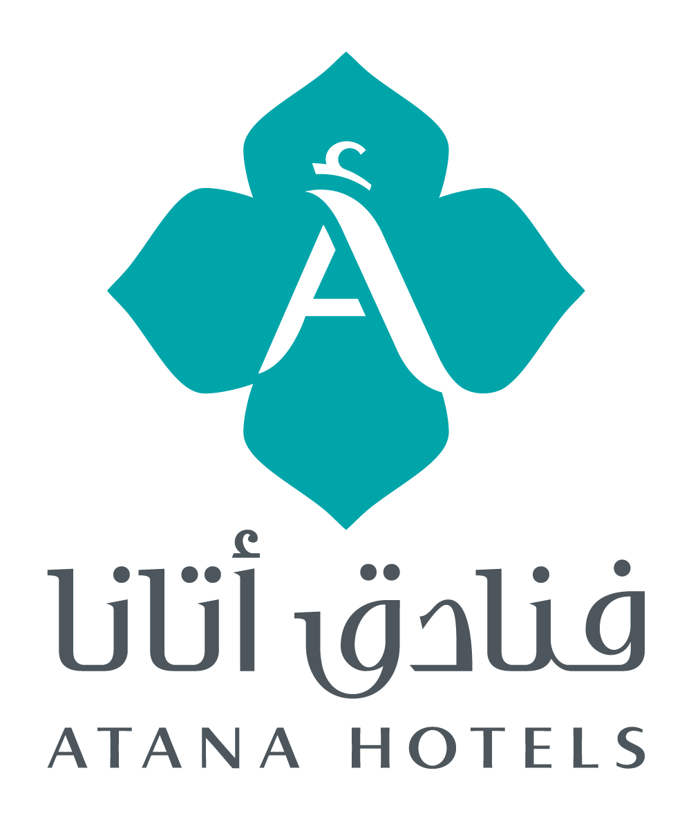 Official icon of Atana Hotels. A turquoise flower, with an A inside it, and text below in grey.
