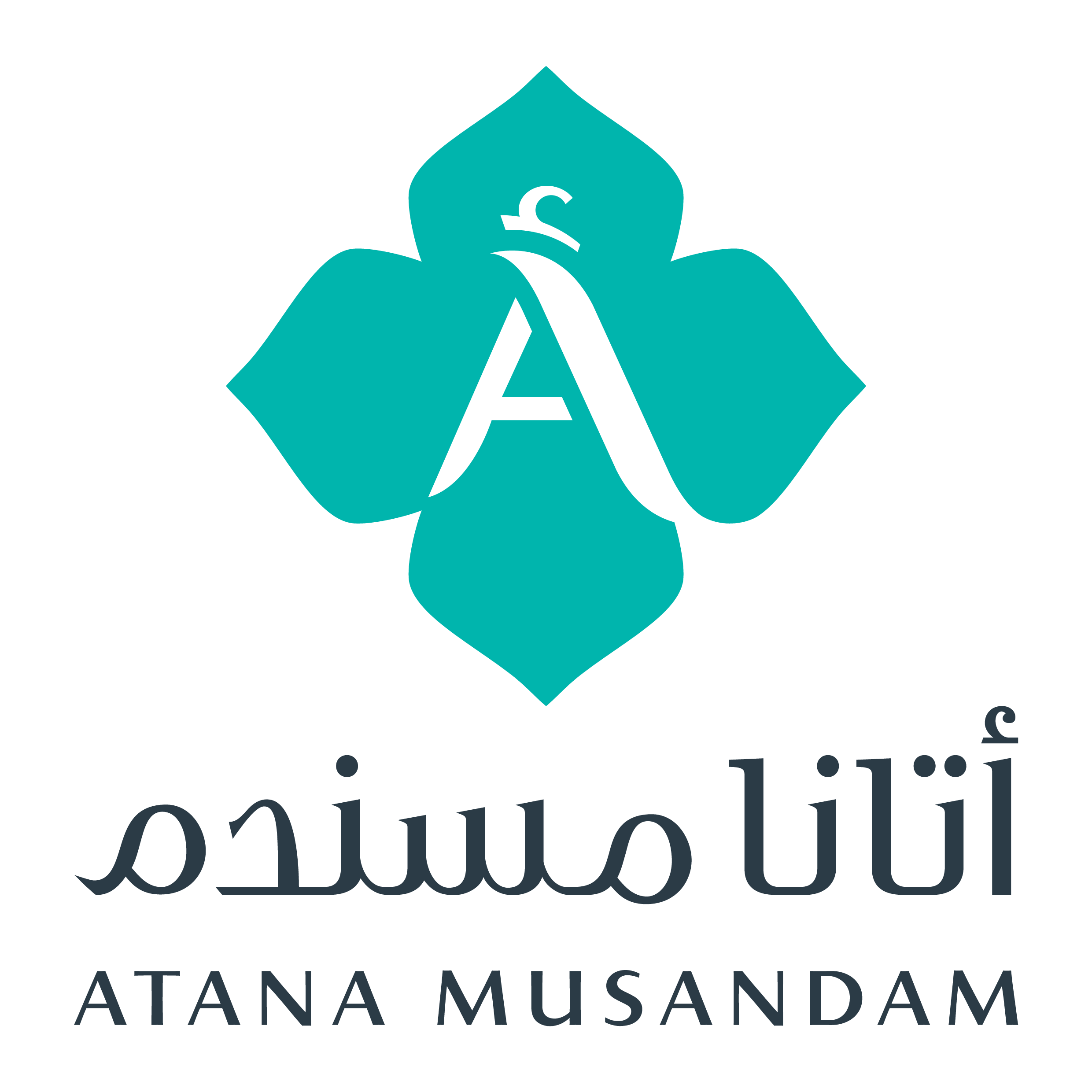 Official logo of Atana Musandam. A turquoise flower, with an A inside it and grey text below in English and Arabic