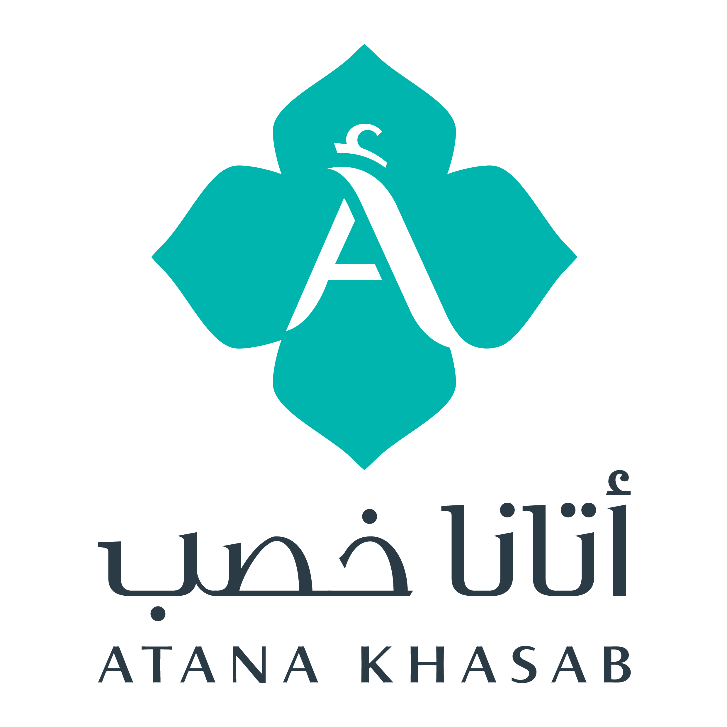 Official logo of Atana Khasab. A turquoise flower, with an A inside it and grey text below in English and Arabic