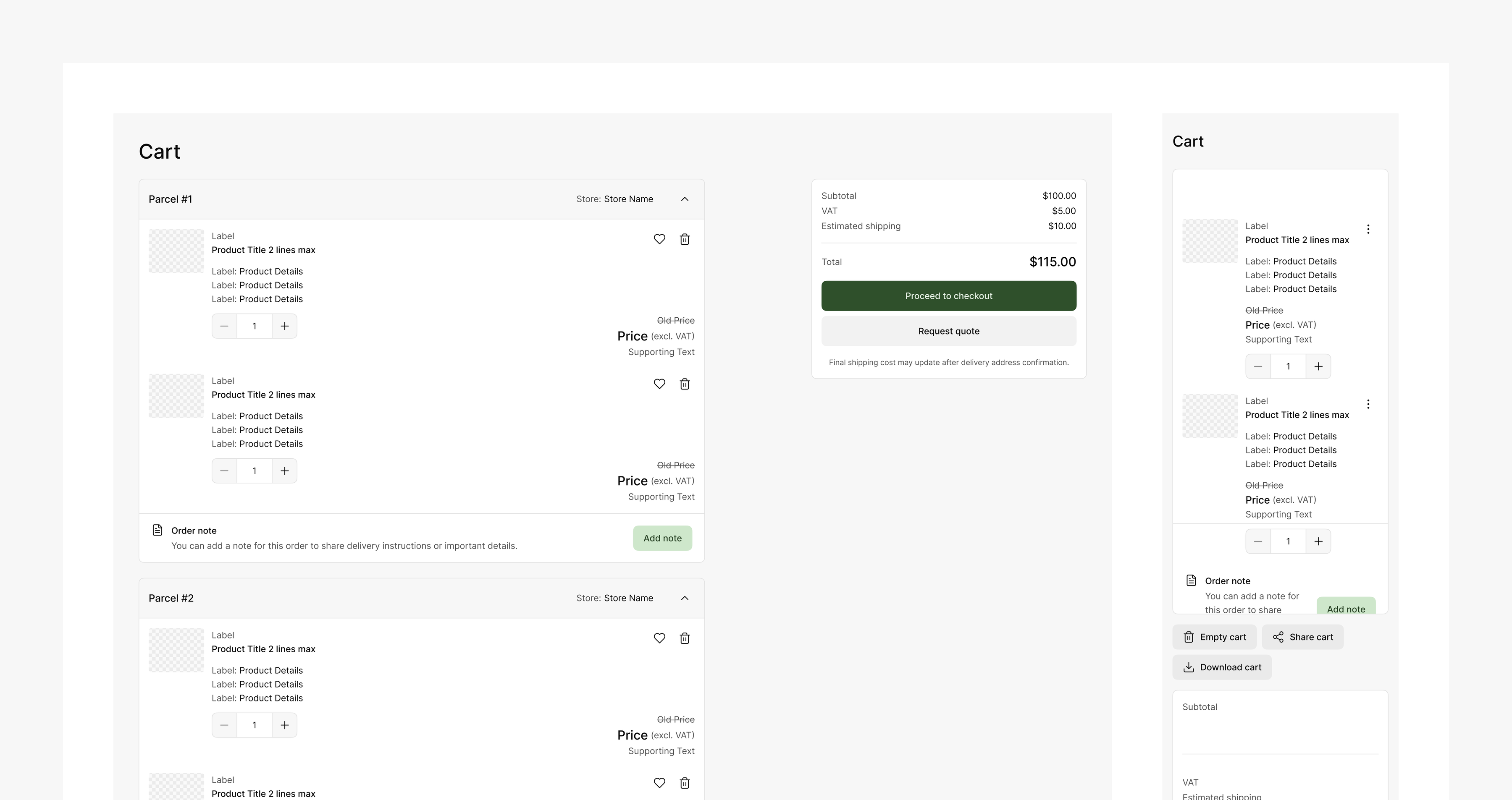 Cart page and cart drawer built from Rigby Design System sections, with parcels, order notes and checkout summary