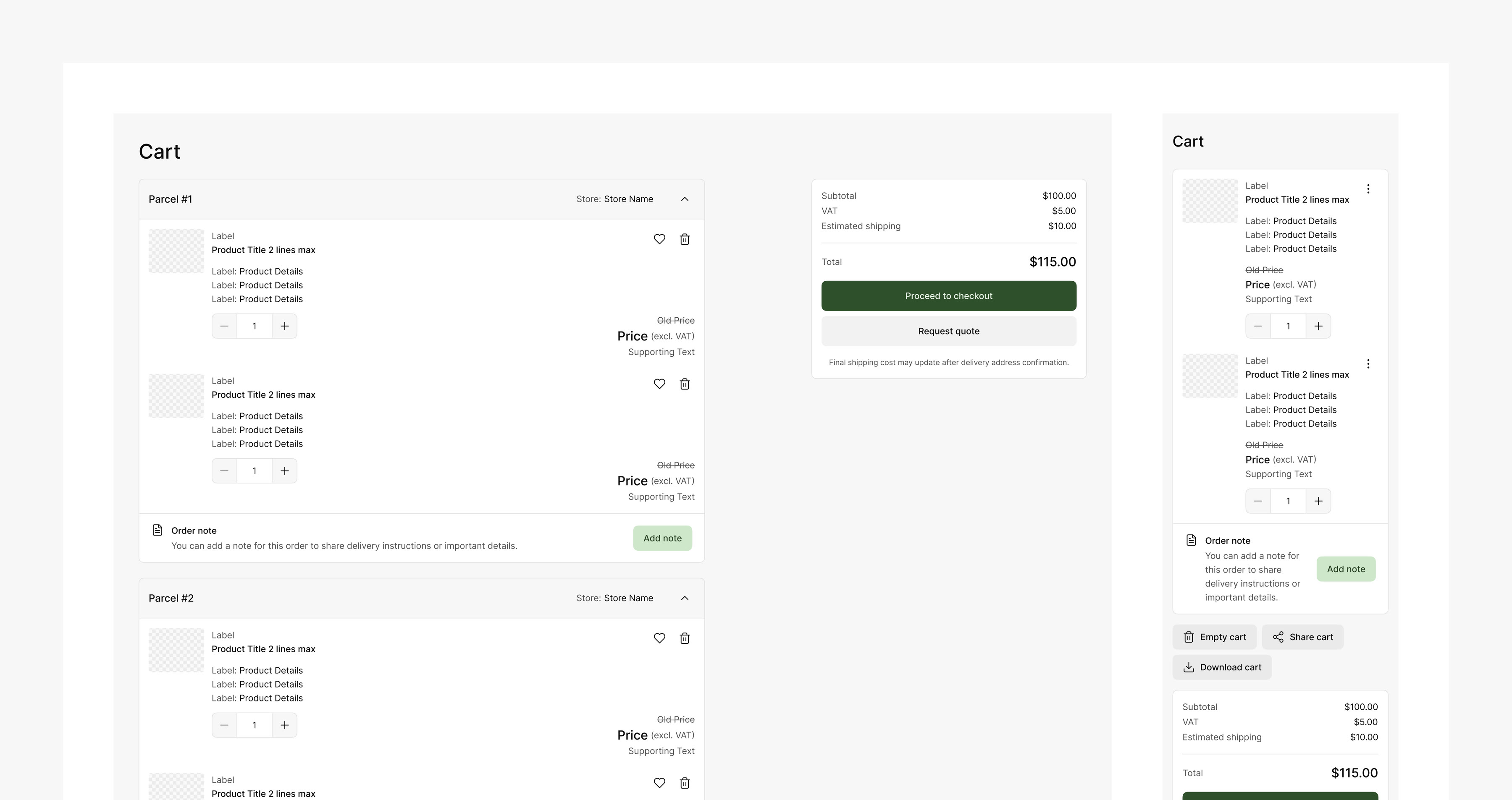 Cart page and cart drawer built from Rigby Design System sections, with parcels, order notes and checkout summary