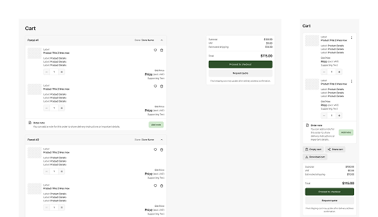 Cart and checkout screens assembled from Rigby Design System components