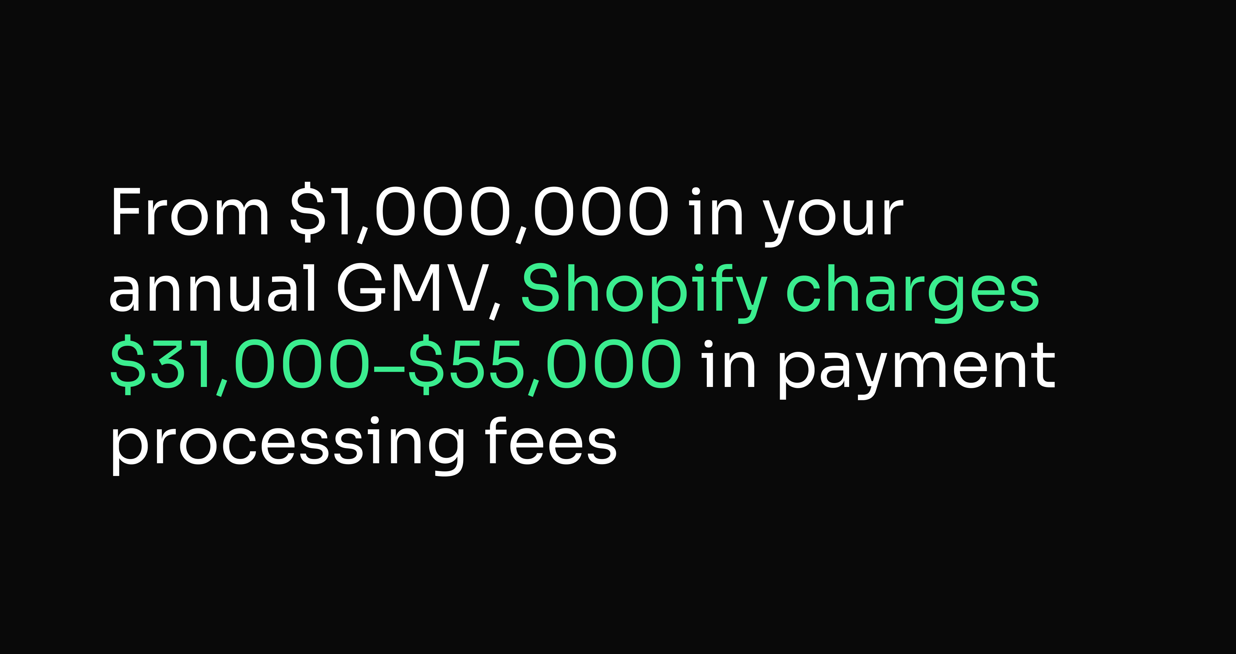From $1,000,000 in your annual GMV, Shopify charges $31,000–$55,000 in payment processing fees