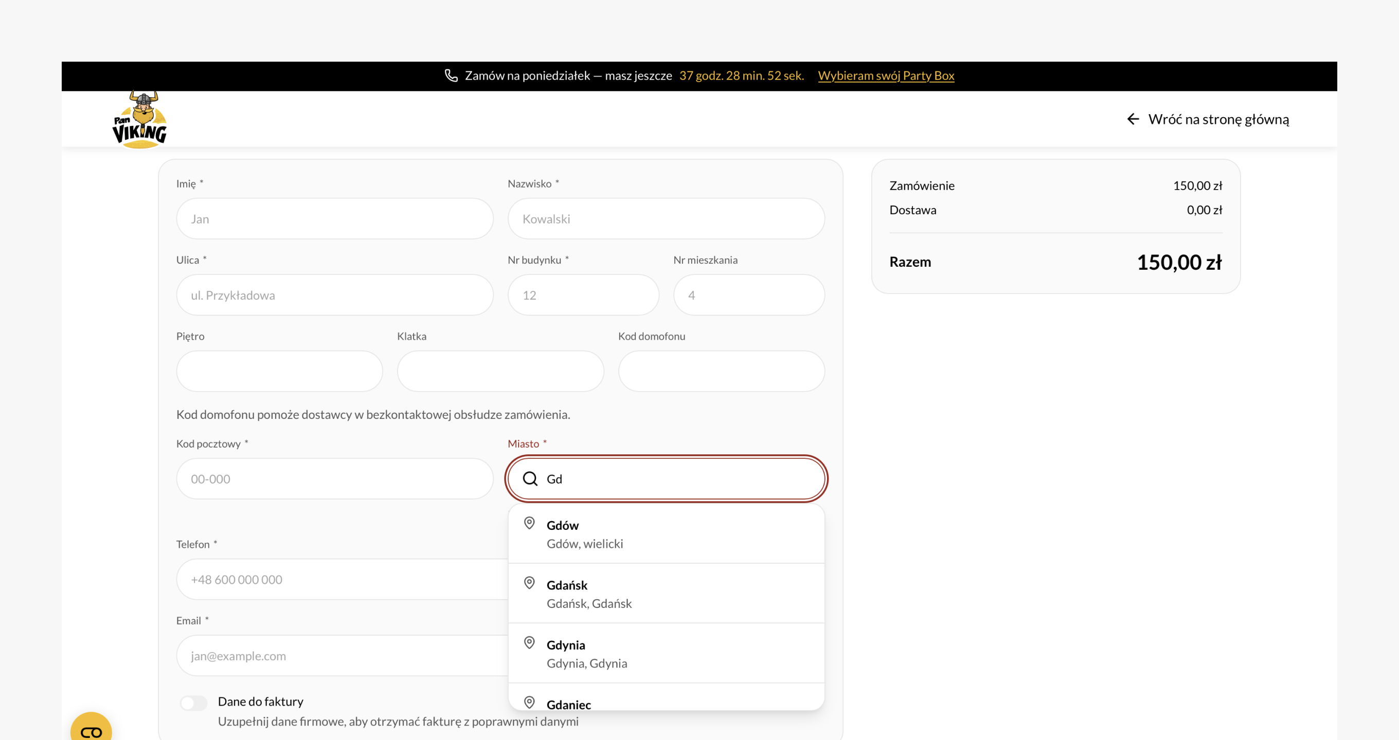 Party Box checkout address form with the town field showing live suggestions from the served delivery area
