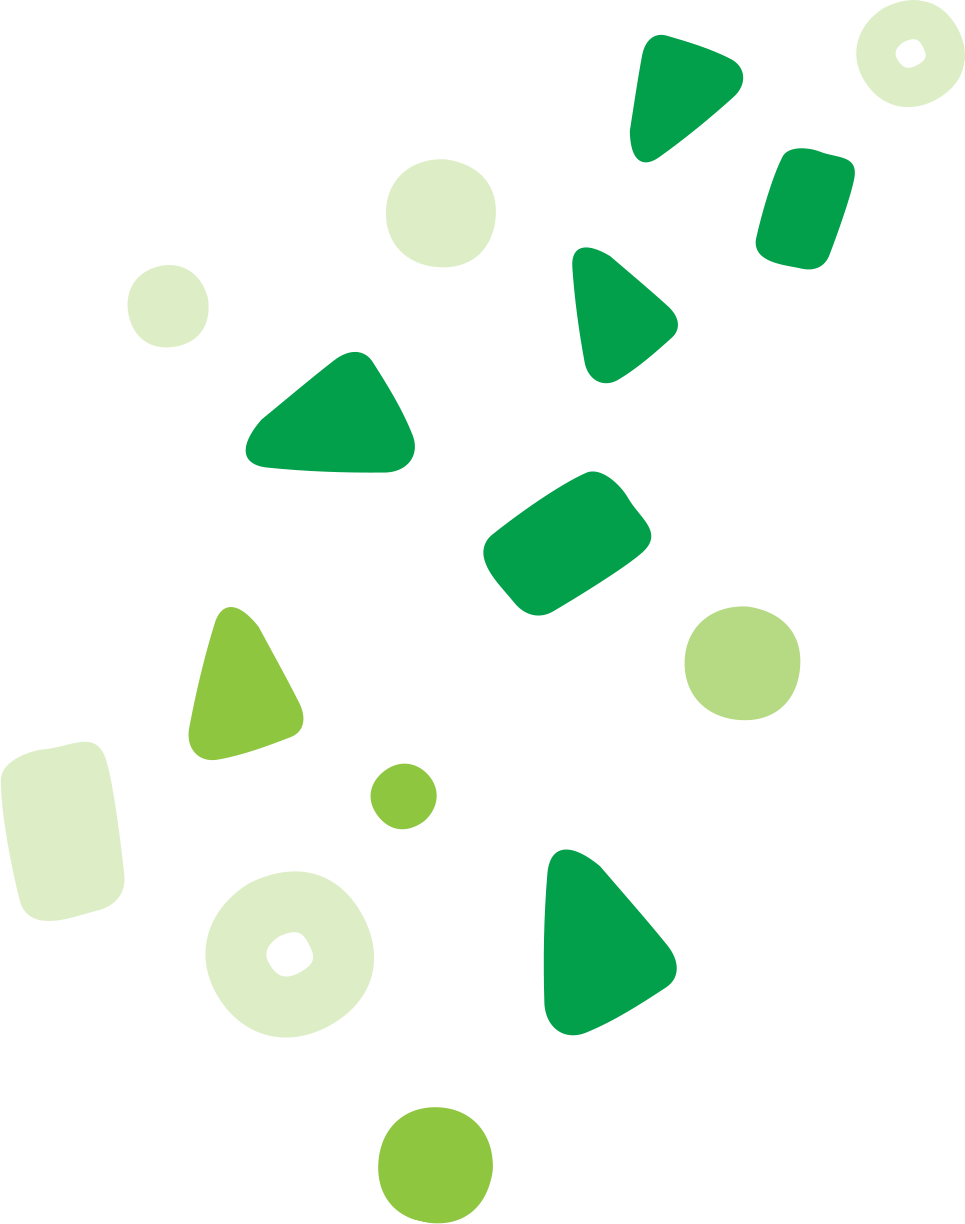 Scattered abstract confetti shapes in various green shades, including circles, rounded rectangles, and triangles.