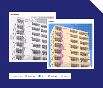 Side-by-side comparison of a damaged multi-story building, with the original image on the left and an AI segmentation analysis on the right that color-codes different elements, with a legend below identifying five categories: building, windows, sky, cracks, and debris, with cracks highlighted in pink across the building facade