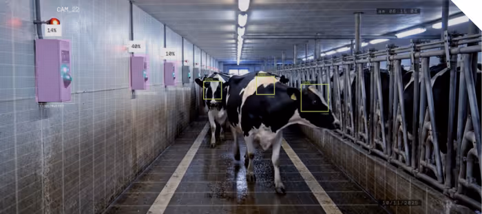 Dairy farm aisle with cows walking between metal stalls, overlaid with an AI computer vision system tracking equipment status on the left wall with percentage readouts of 14%, 40%, and 10%, and green bounding boxes identifying individual cows, with camera ID CAM_22 and timestamp shown in the corners