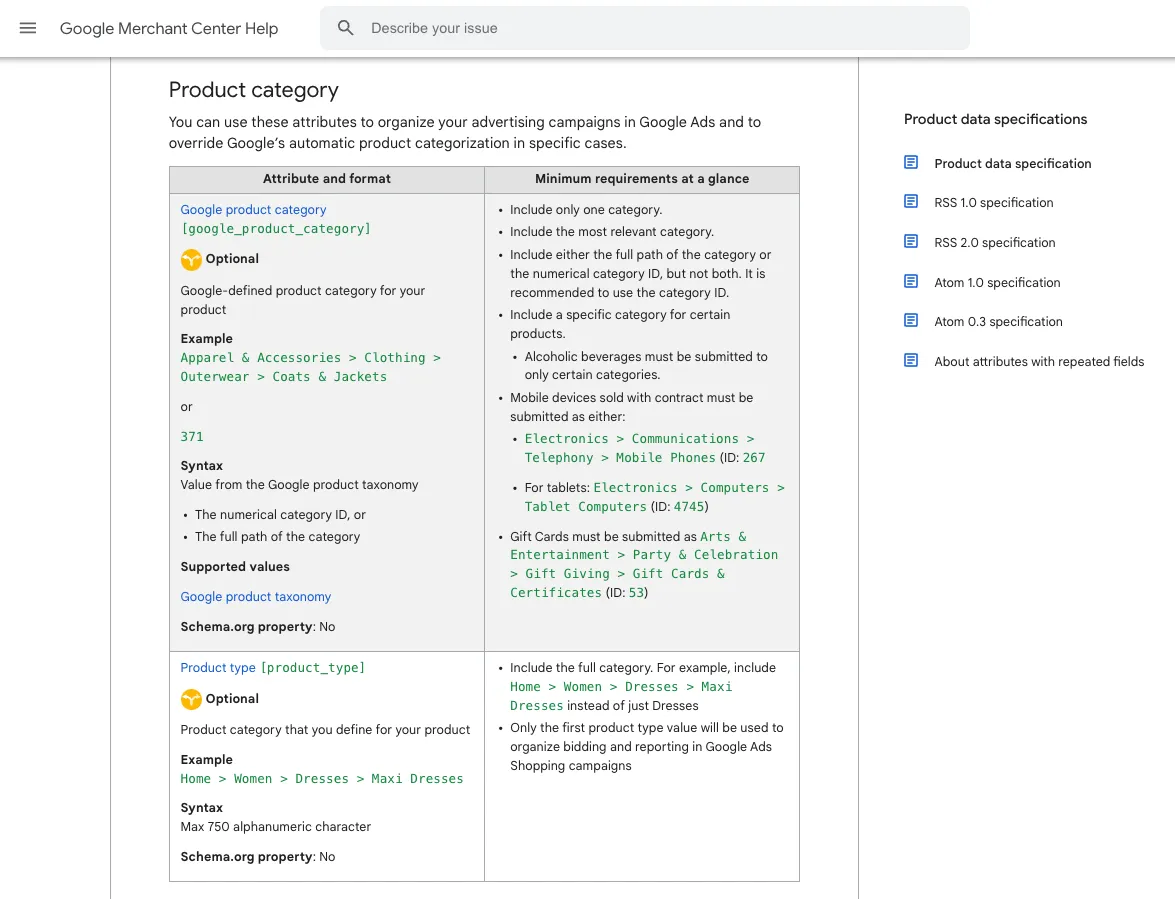 Screenshot of Google's Merchant Center guidelies