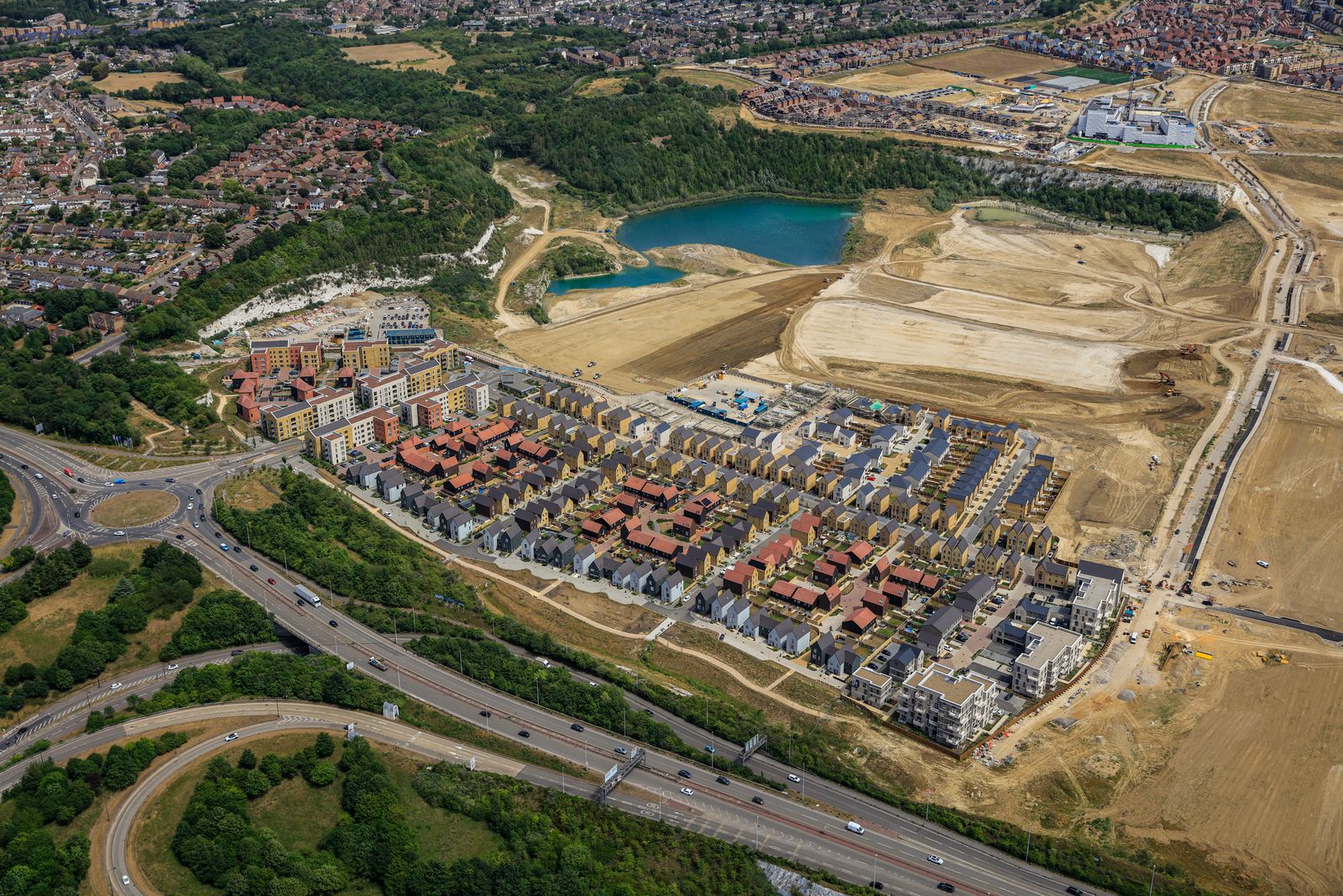 Aerial view of land forming and infrastructure works at Ashmere, Ebbsfleet.