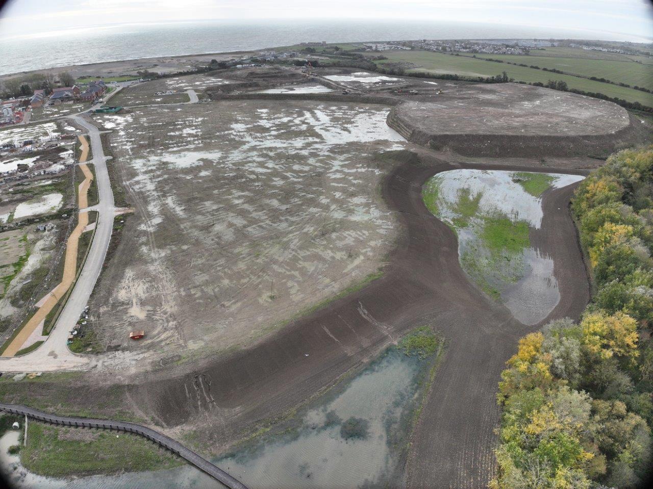 Aerial view across the Martello Lakes site in Hythe.