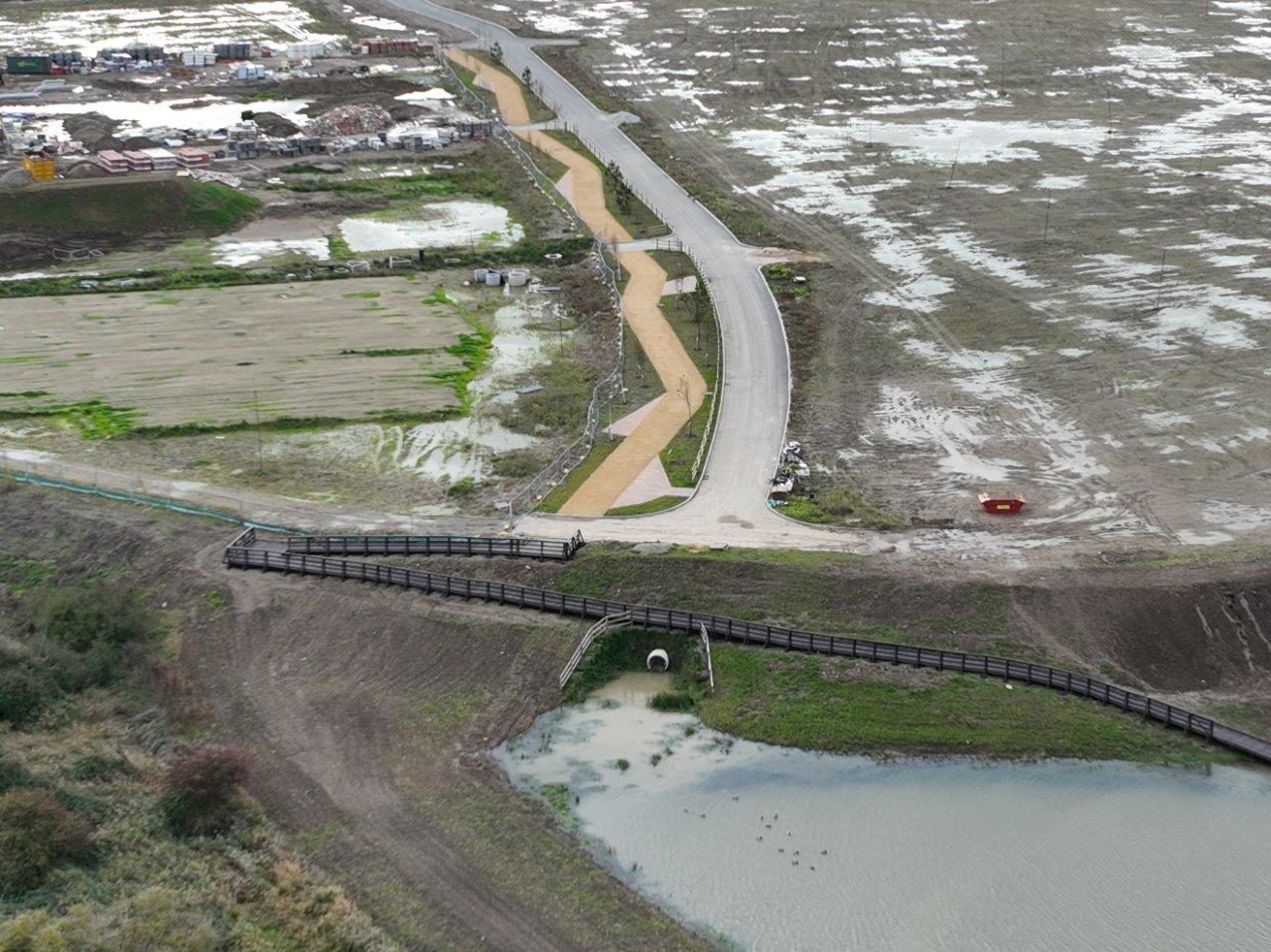 Wide aerial view of the Martello Lakes site in Hythe.