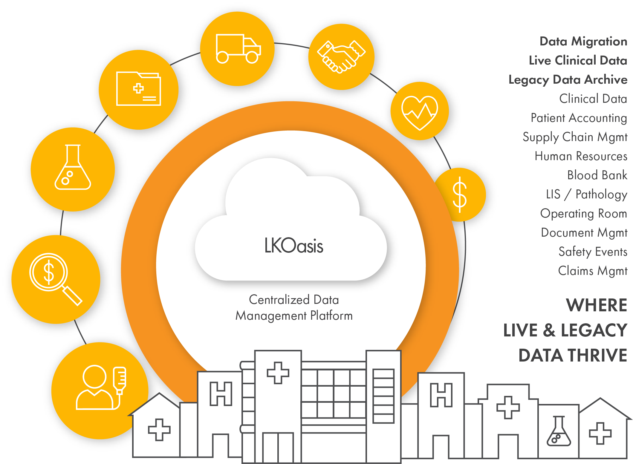 LKOasis Centralized Data Management Platform - Where Live & Legacy Data Thrive. Data Migration, Live Clinical Data, and Legacy Data Archiving.