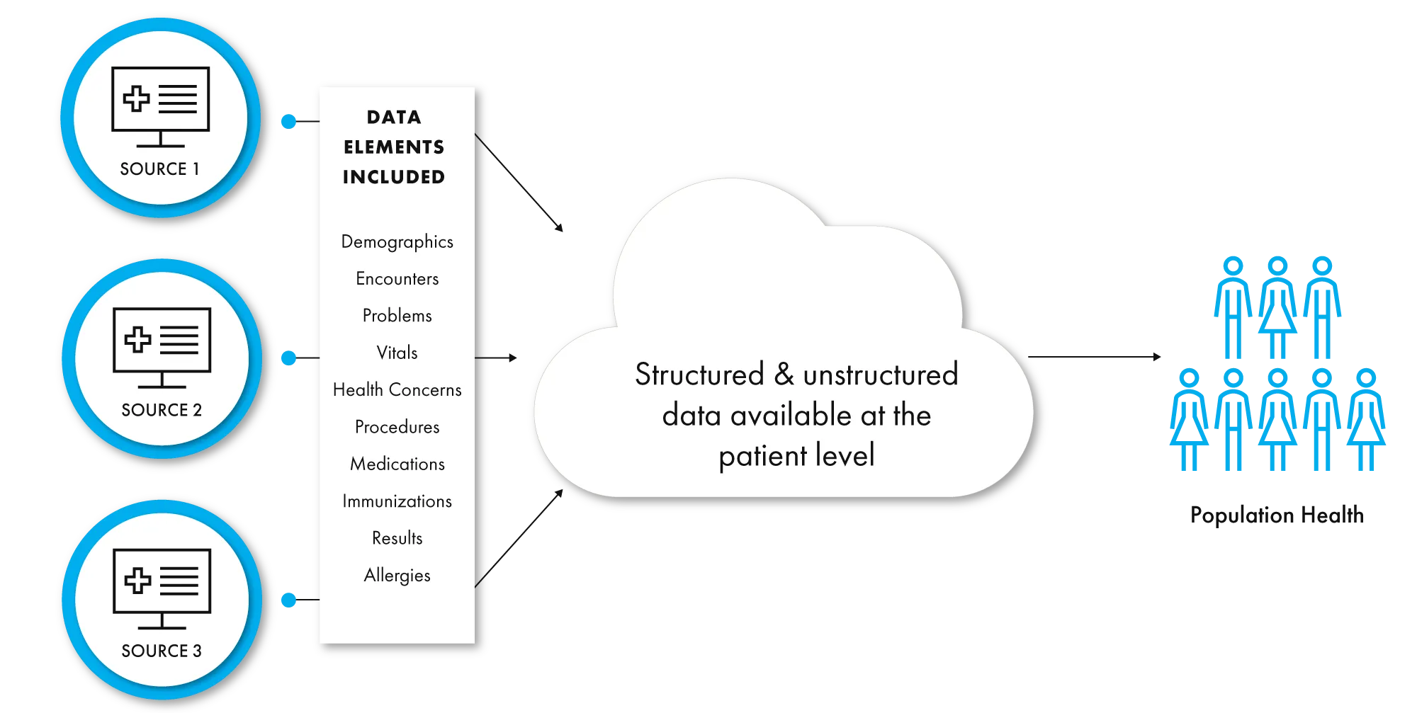 ELLKAY provides demographics, encounters, problems, medications, allergies, procedures, vitals, immunizations, results, health concerns, and other healthcare data normalized in one standard format to population health platforms