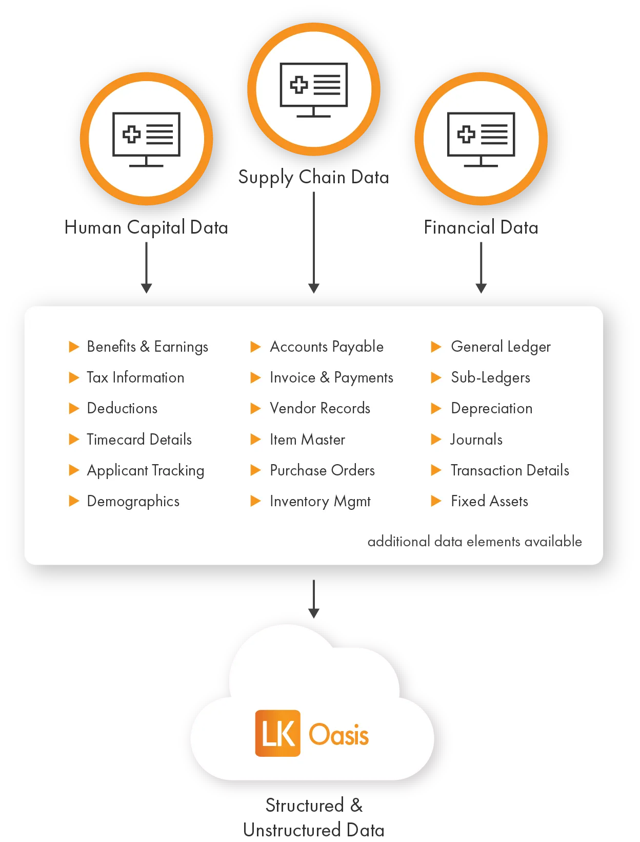 Image displaying LKOasis ERP and HR archive solutions. Migrate structured and unstructured human capital data, supply chain data, and financial data.