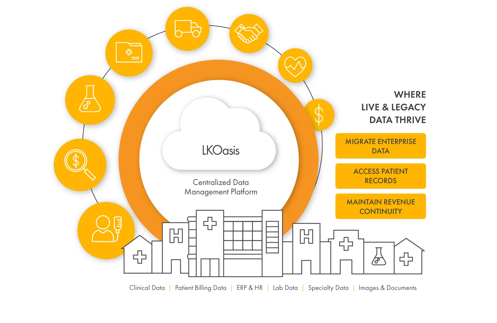 Image displaying the LKOasis Centralized Data Management platform - Where live and legacy data thrive. Migrate enterprise data. Access patient records. Maintain revenue continuity.